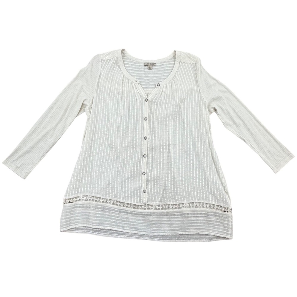 Lucky Brand Henley Top Womens Large Ivory Textured Stripe Crochet Lace Blouse